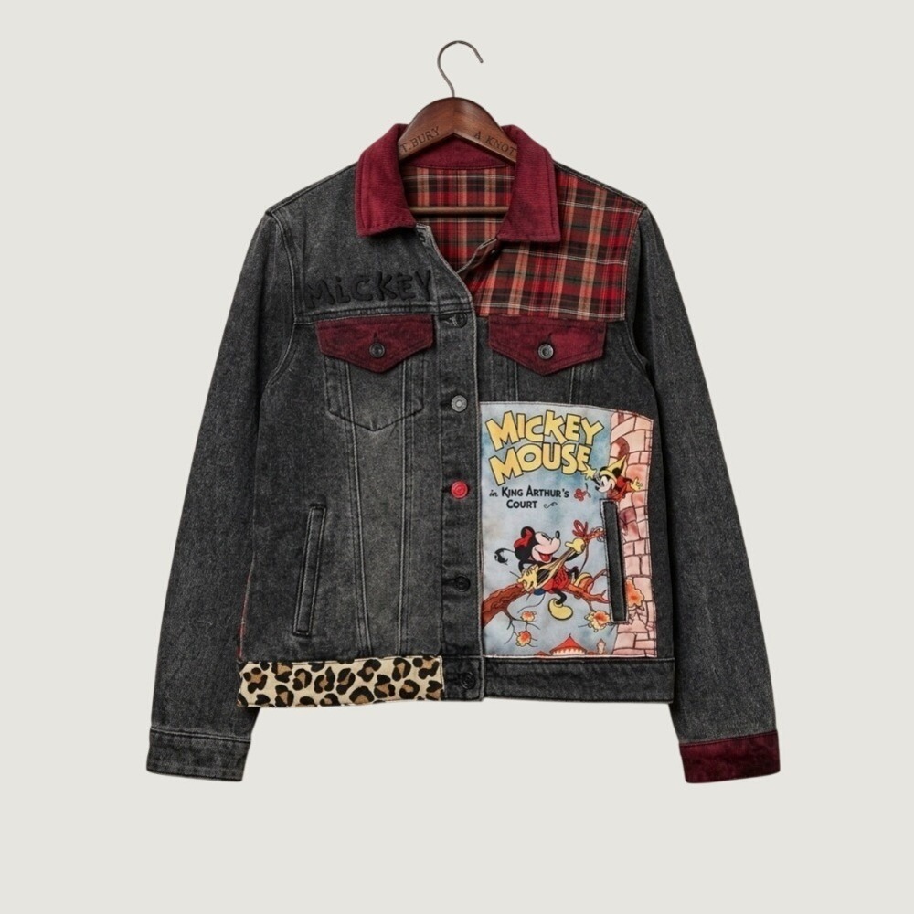 Desigual Disney Mickey Mouse Patchwork Denim Jacket Washed Black Plaid Medium